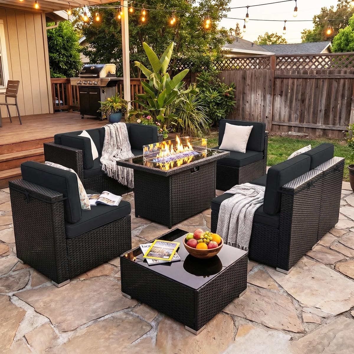 Outdoor Furniture With Fire Pit - 8 Pieces Patio Furniture Set with
