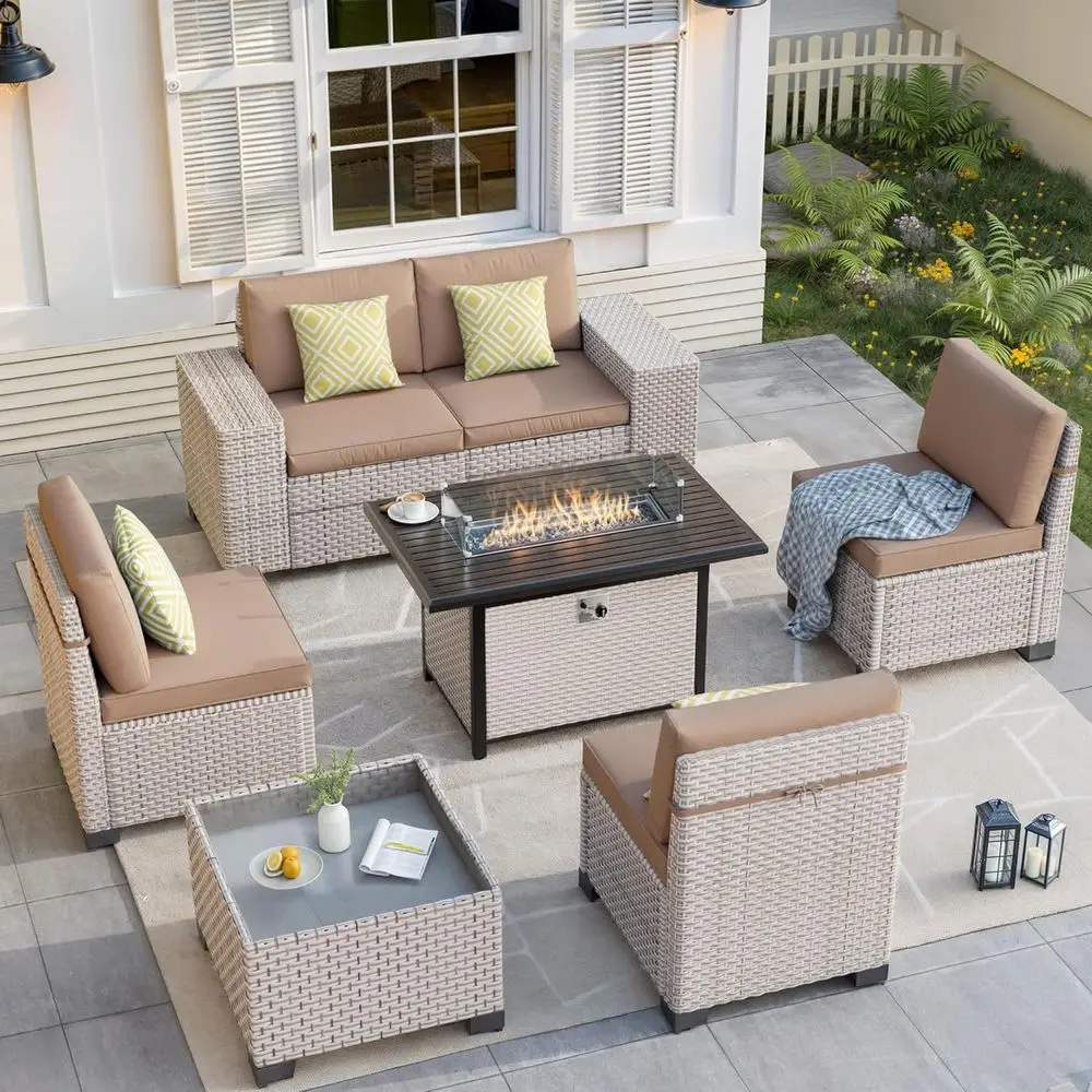 Outdoor Furniture With Fire Pit - 7-Piece Outdoor Patio Furniture Set with